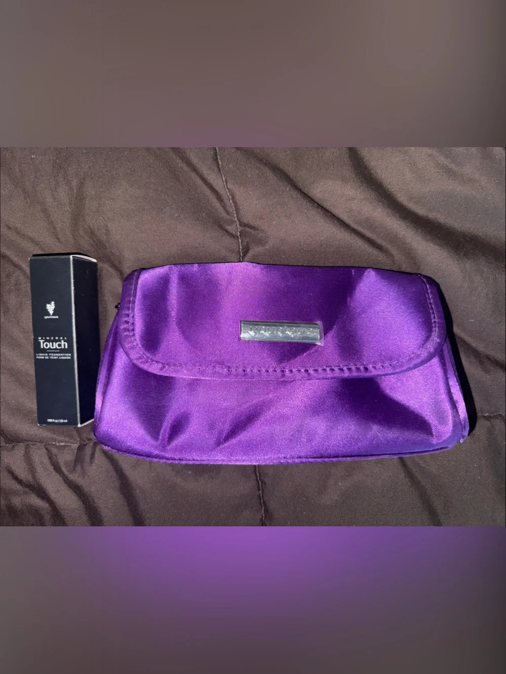 Younique Brand mineral liquid foundation and Purple Satin Travel bag